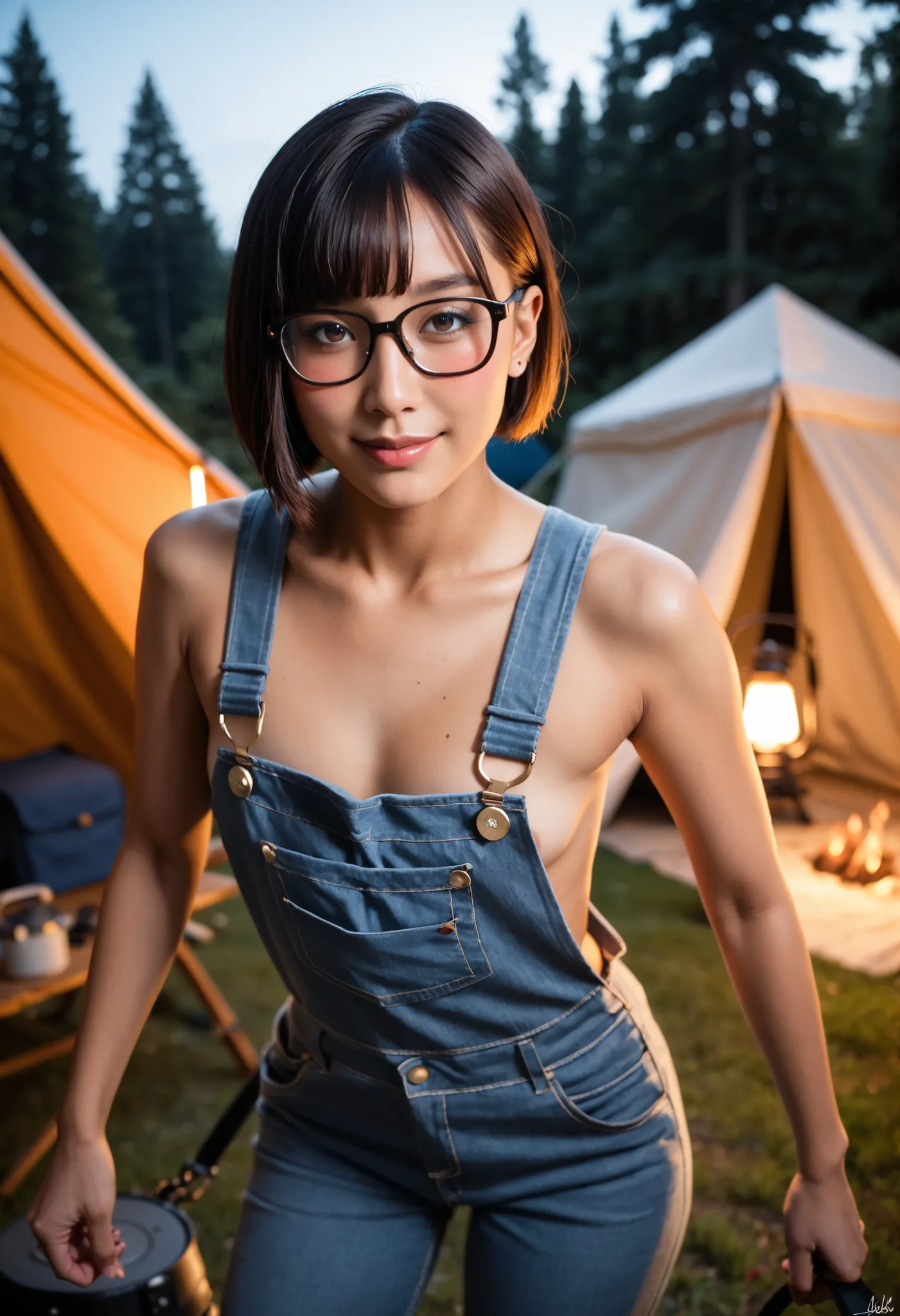 score_9,score_8_up,score_7_up,source_real,real skin, BREAK asian female mountaineer, japanese idol,25 yo,(blushing:1.3), (brown short hair:1.4),(lob cut hair:1.2),(slender body),tan_lines,smile,(flat chests),(Glasses:1.2), (Standing:1.2) ,(wearing long pan...