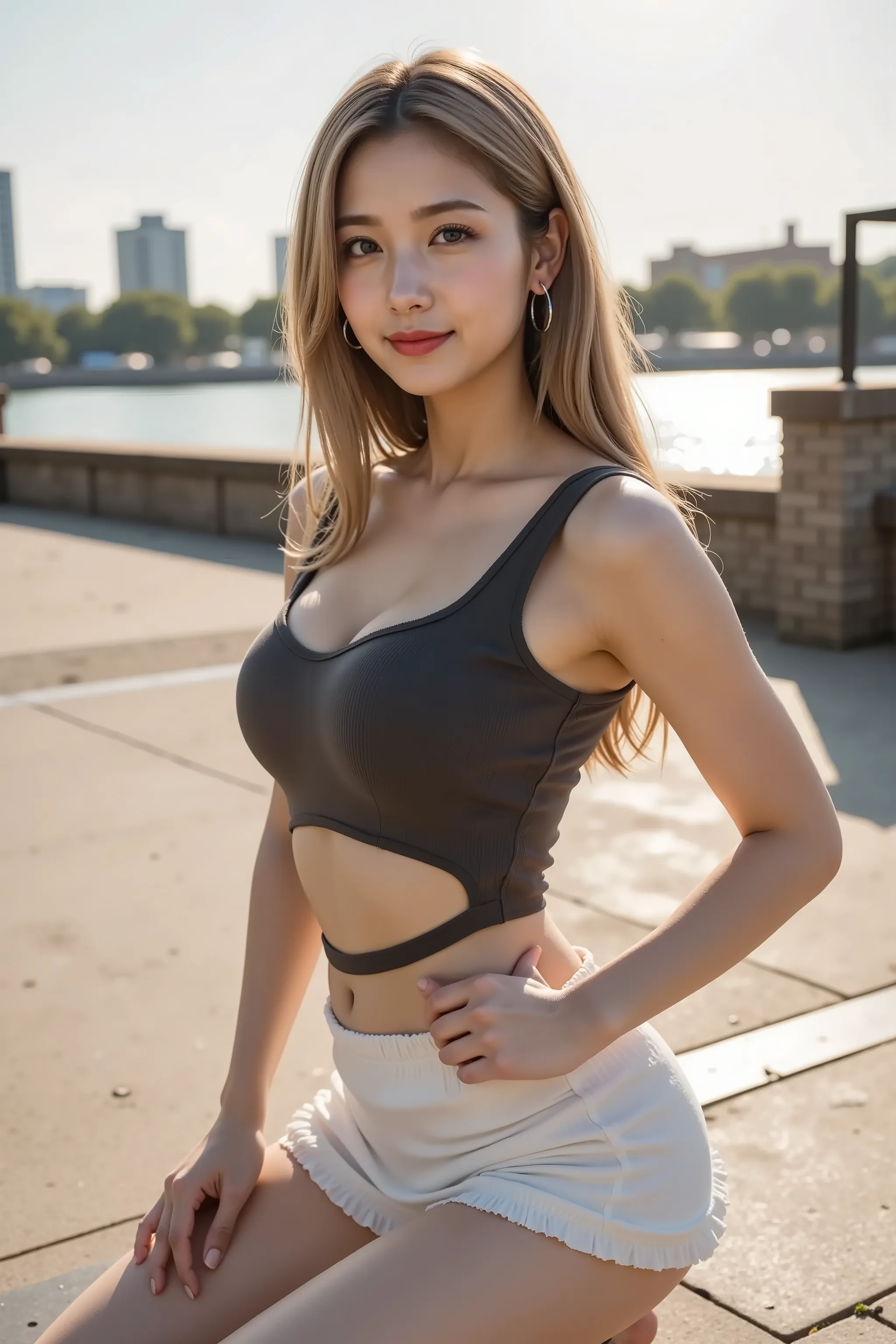 smile, hair styled in aplatinum blonde, gold hair,slender woman with firm, fully packed large breasts creating wide, deep, and boldly emphasized cleavage, wearing a charcoal gray sleeveless cutout tee with exposed shoulder straps hugging every contour of h...