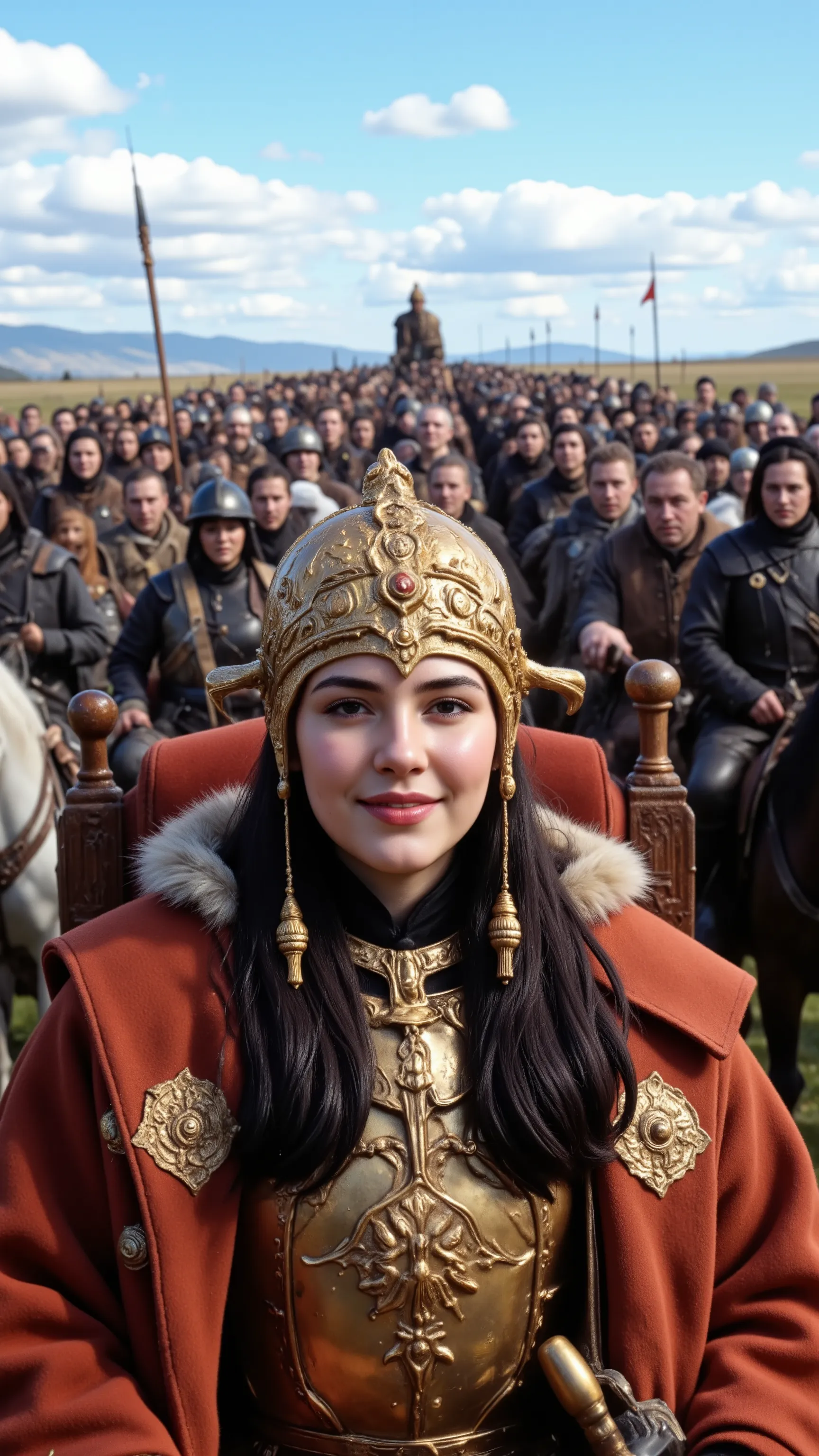 high-resolution image in front of the mounted army、image of the smiles of the emperor and his wife riding the throne、Mongolian Emperor Genghis Khan、騎馬軍団の前で、on the blue lawn of the Great Plains in front of the mounted army{x}A large number of mounted legion...