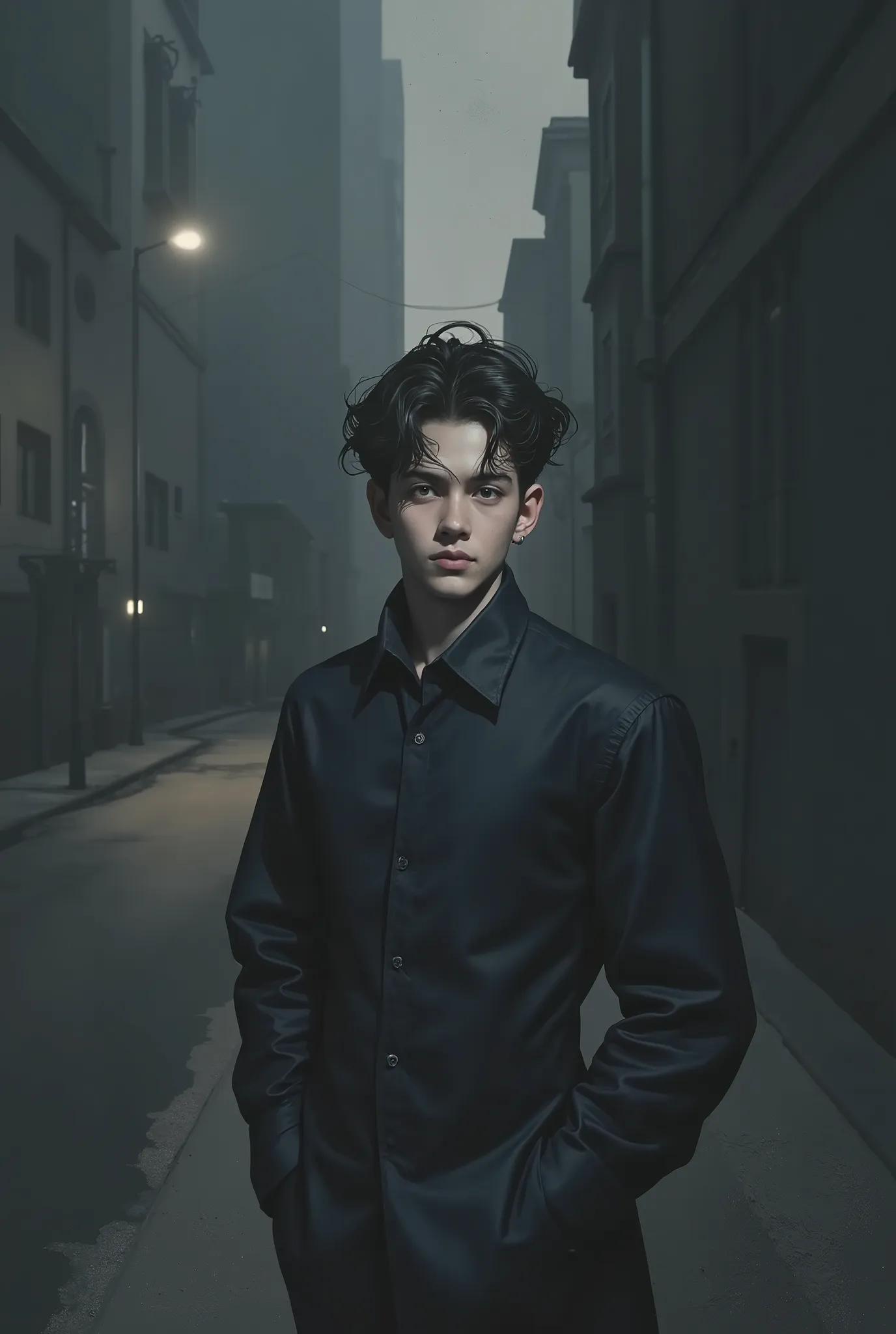 A depressed and mysterious young man with mustaches walks on the street