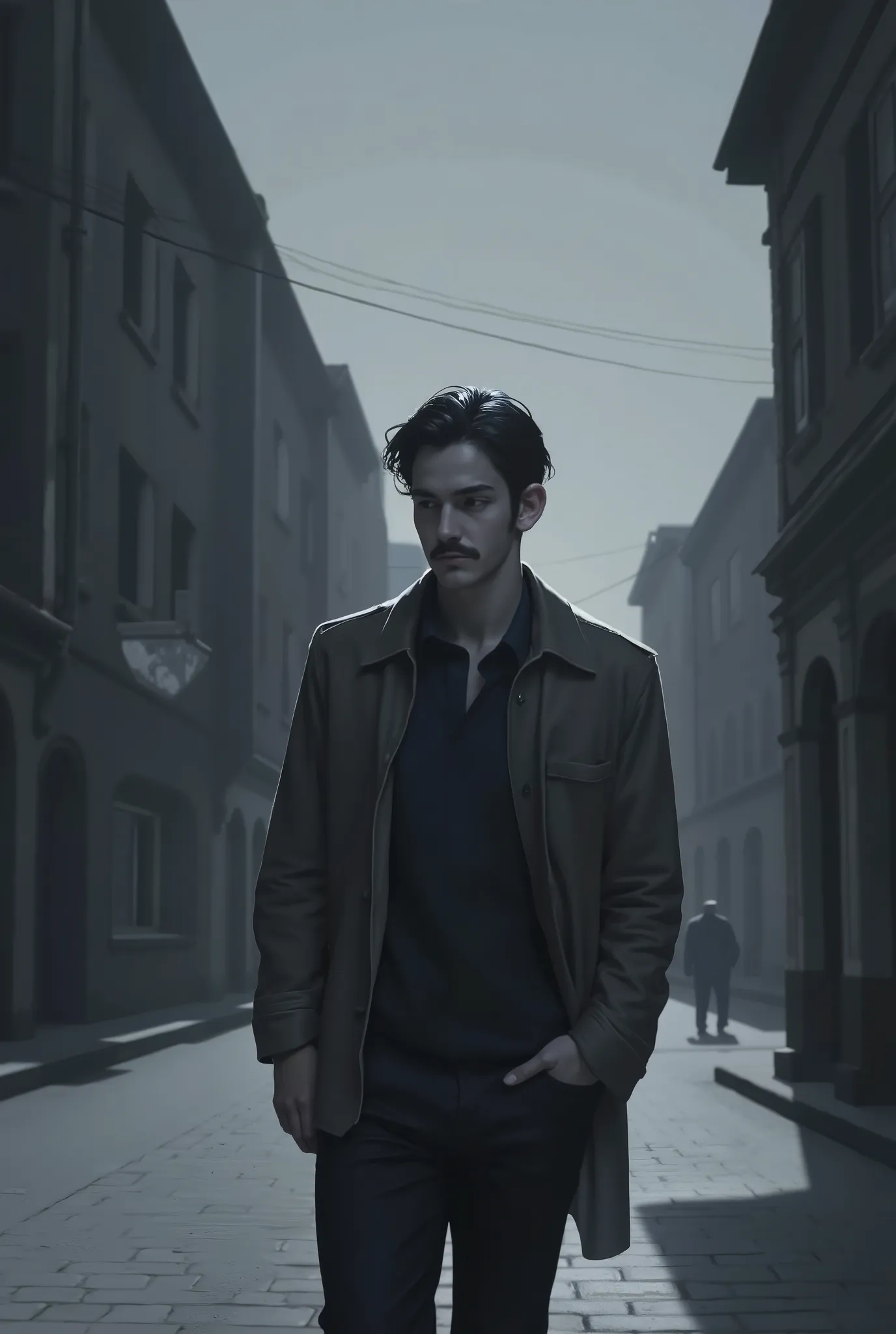 A depressed and mysterious young man with mustaches walks on the street