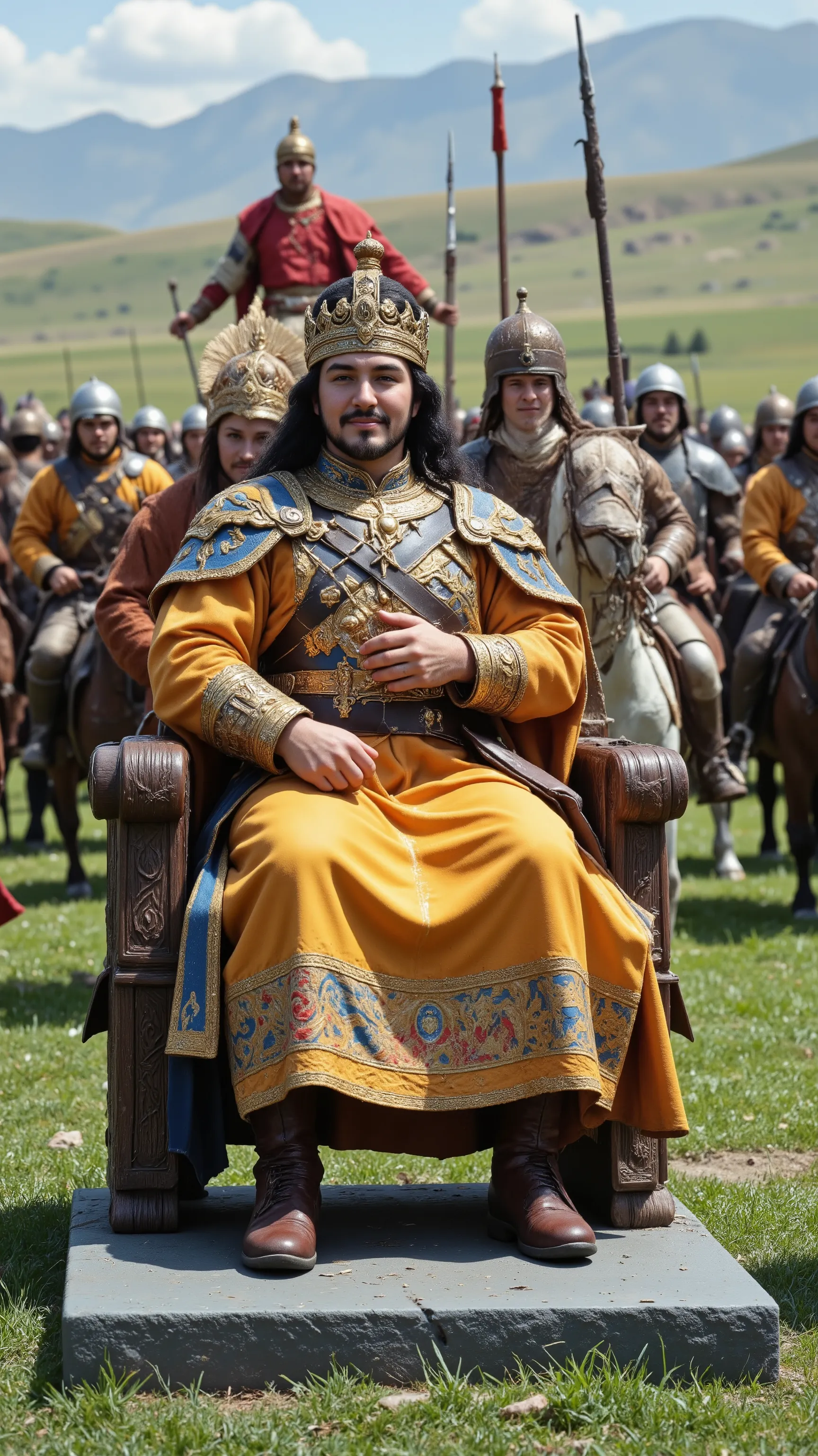 high-resolution image in front of the mounted army、image of the smiles of the emperor and his wife riding the throne、Mongolian Emperor Genghis Khan、騎馬軍団の前で、on the blue lawn of the Great Plains in front of the mounted army{x}A large number of mounted legion...