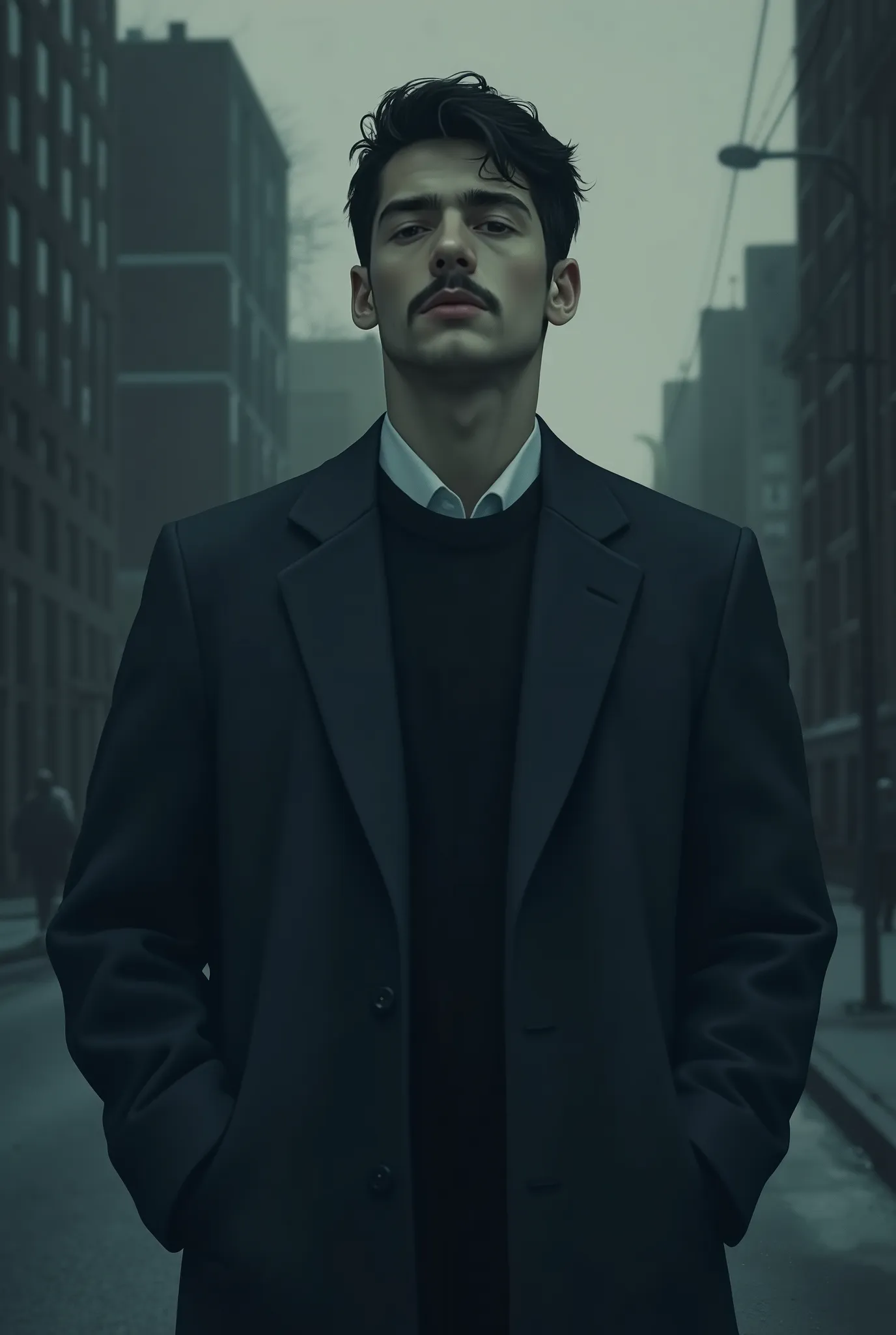 A depressed and mysterious young man with mustaches walks on the street