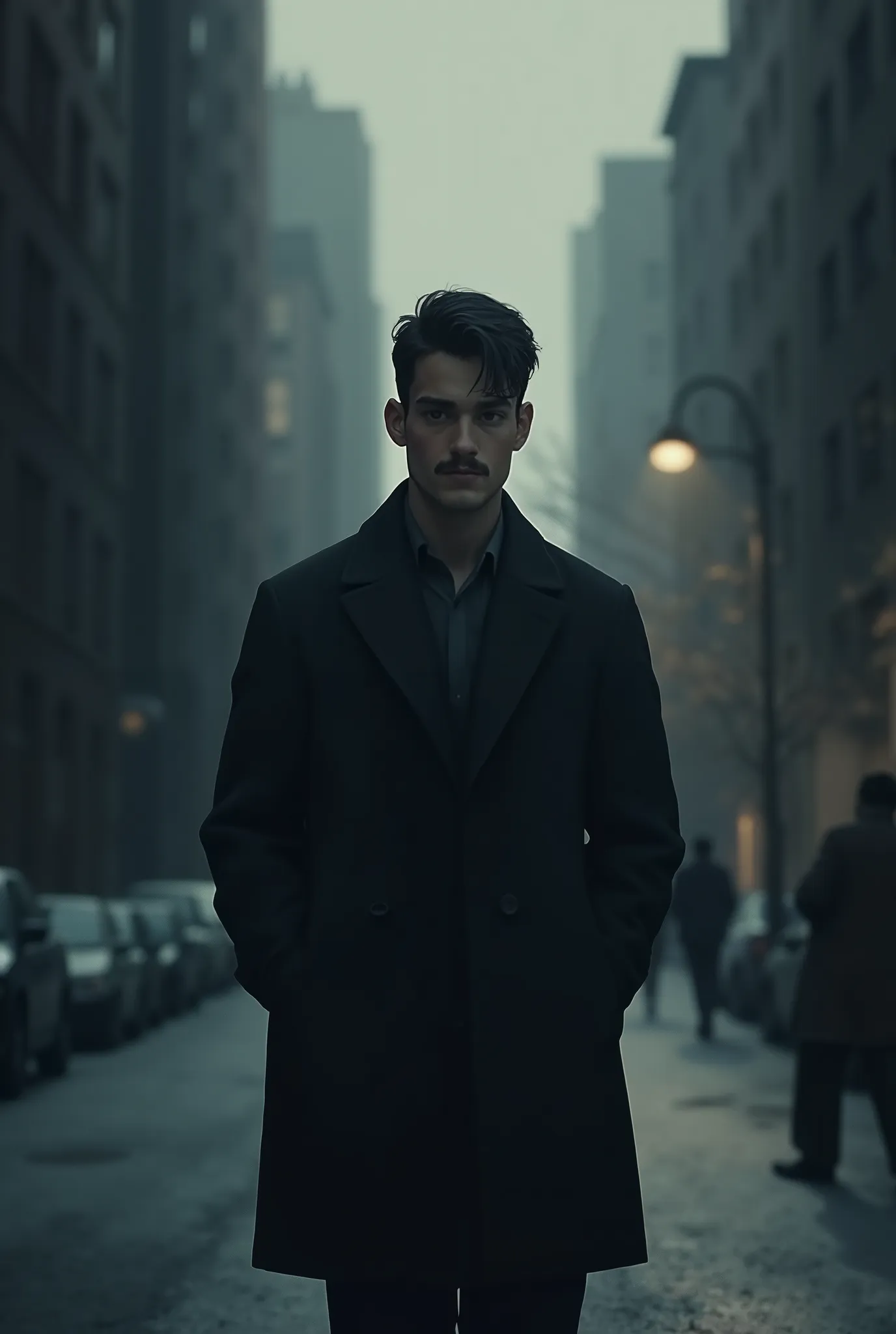 A depressed and mysterious young man with mustaches walks on the street