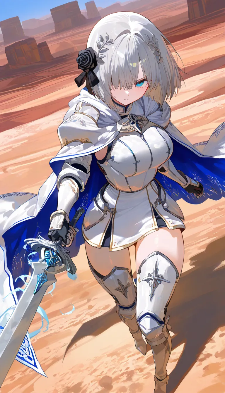 (beautiful girl : 1.3),1 girl,(White Armor,white cloak with blue embroidery,Black Rose Hair Ornament,thigh,boots), Silver Hair,bob cut,Hair Over One Eye,anger, abusive,has a sword, desert,runs,Blue and White Aura from Sword,active,Dynamic Angle,masterpiece,Highest Quality,rich contrasts,high image quality,8k,High Definition CG Unit Wallpaper,texture,Incredibly Absurd, RAW photos ,Deep Boundaries 1 .2,Very Detailed