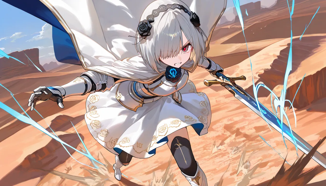 (beautiful girl : 1.3),1 girl,(White Armor,white cloak with blue embroidery,Black Rose Hair Ornament,thigh,boots), Silver Hair,bob cut,Hair Over One Eye,anger, abusive,has a sword, desert,runs,Blue and White Aura from Sword,active,Dynamic Angle,masterpiece,Highest Quality,rich contrasts,high image quality,8k,High Definition CG Unit Wallpaper,texture,Incredibly Absurd, RAW photos ,Deep Boundaries 1 .2,Very Detailed