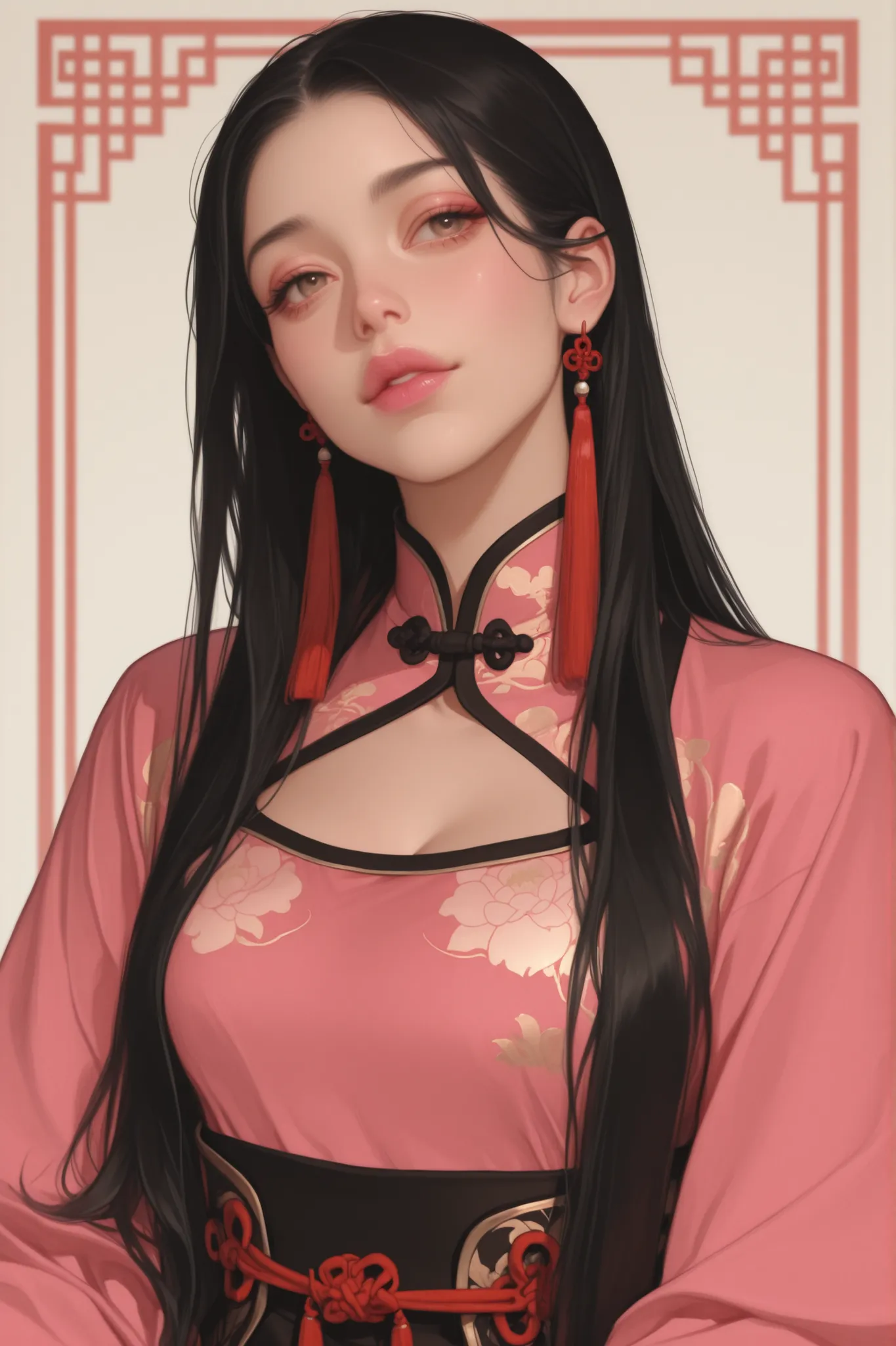 girl with east asian feature, Long straight black hair, hazel eyes, wearing fancy traditional Chineseclothes with slightly lower neckline but still, slightly full pink lips,