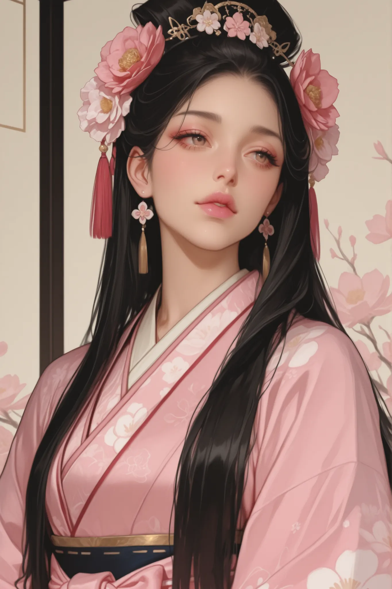 girl with east asian feature, Long straight black hair, hazel eyes, wearing fancy traditional Japanese clothes with slightly, slightly full pink lips, beautiful hair accessories