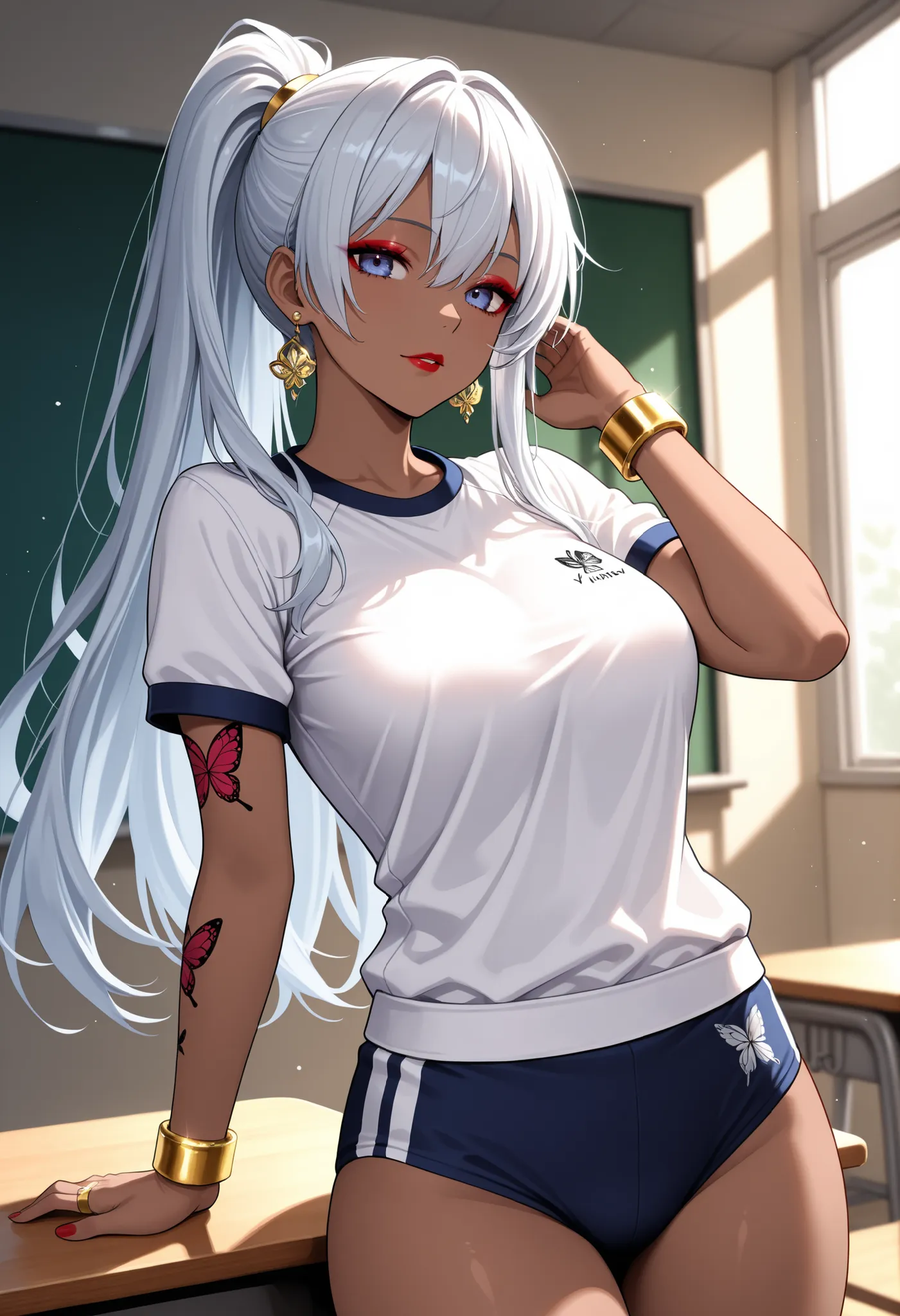 1 woman、taken from the front、Ultra HD、ultra high definition、silver hair、the tips of the hair are white、Ponytail、brown skin、gold wrist ring、brooch、earrings、a dignified expression、red lipstick、eyeshadow、butterfly tattoo on my arm、Classroom、noon、indirect ligh...