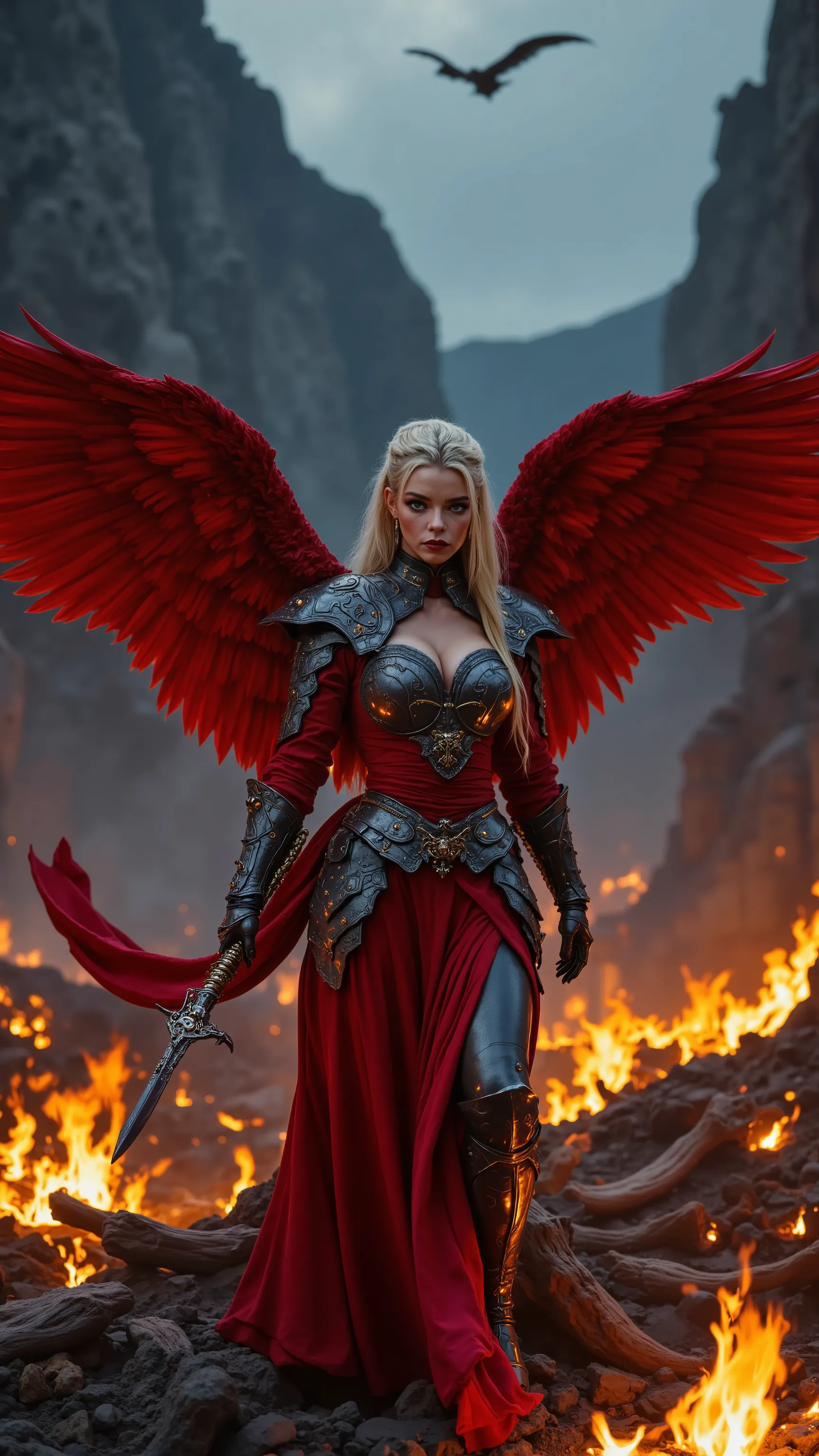 Anya Taylor-Joy reimagined as a majestic, hot and gorgeous Valkyrie Randgríd, walking and holding a curved twin-blade glaive forged from voidsilver and burning starlight, 1 female, full body, cleavage, otherworldly and hypnotic with porcelain skin, luminou...