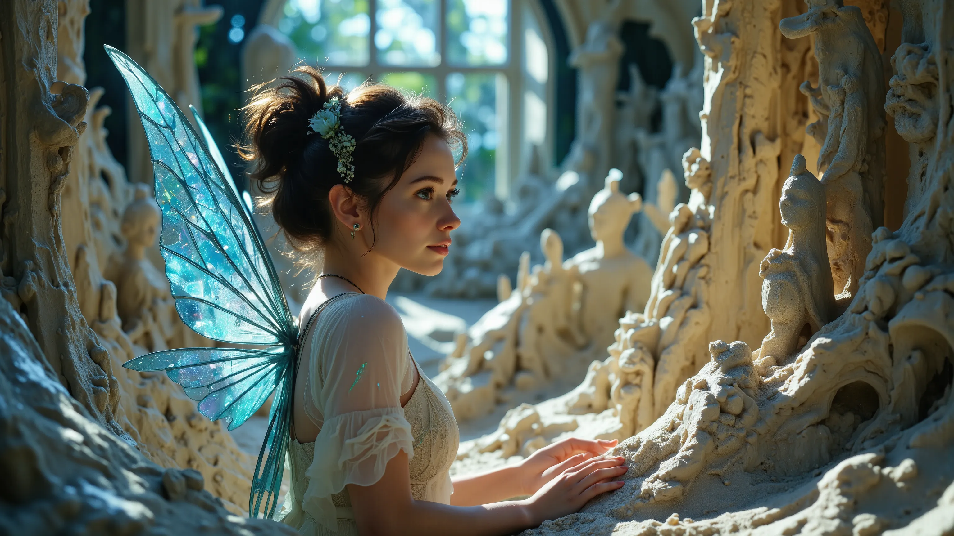 A sexy mystical fairy in a Kinetic Sand Temporal Flux style, where the passage of time is captured in the fluidity of sculpted sand. Fleeting shapes are illuminated by hints of blue and yellow, with a delicate interplay of light and shadow emphasising life...
