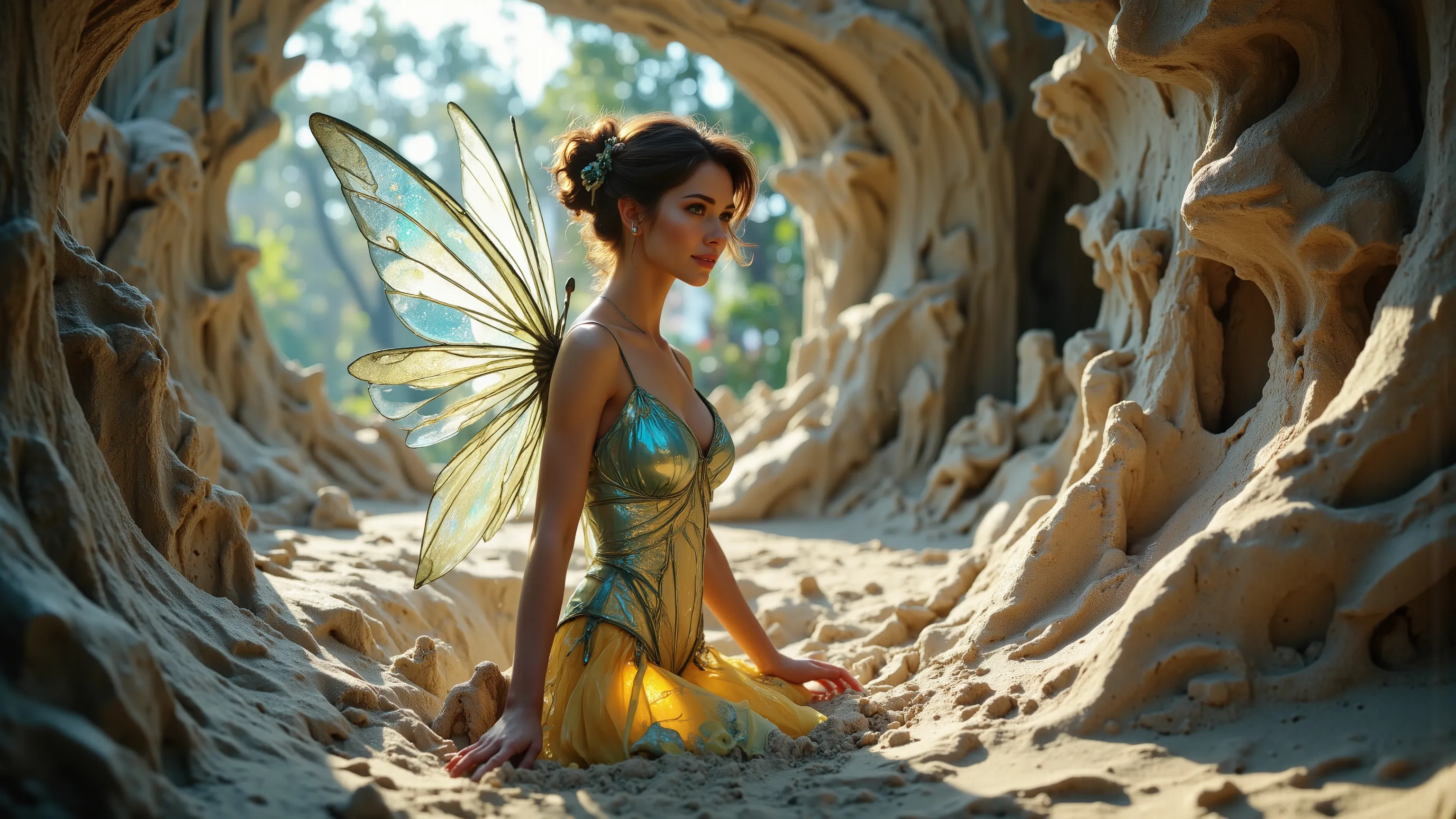 A sexy mystical fairy in a Kinetic Sand Temporal Flux style, where the passage of time is captured in the fluidity of sculpted sand. Fleeting shapes are illuminated by hints of blue and yellow, with a delicate interplay of light and shadow emphasising life...