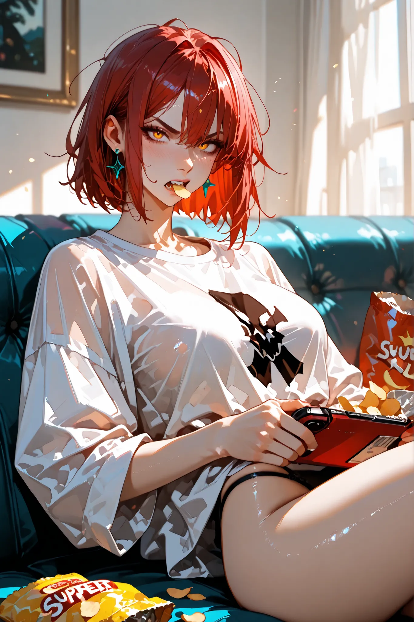 (SuperQuality:1.0) ~ (SuperQuality:1.2), detailxl, 1girl, Solo, High Resolution, Best Quality, High Details, Super Detailed, Short Hair, messy hair, Red Hair, Amber eyes, Large breasts, Earrings, Oversize Shirt, sitting on the couch, couch, thong, see thro...