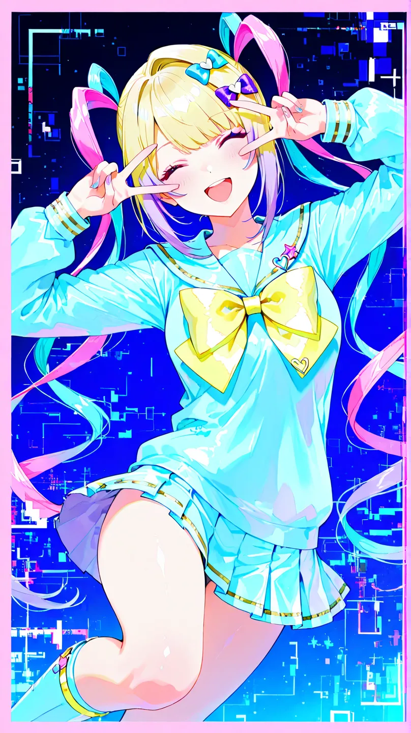 dynamic pose, dynamic angle, (masterpiece), smile, happy, cute, kawaii, cutecore, kawaiicore, cutegore, kawaiigore, 2000s anime style, moe anime style, pink border, colorful stars, blur, glitch, Anime, moe, chouzetsusaikawa tenshi-chan, Kangel / OMGKawaiiAngel Needy Girl Overdose, v over eye, ;d, hyperdetailed, 