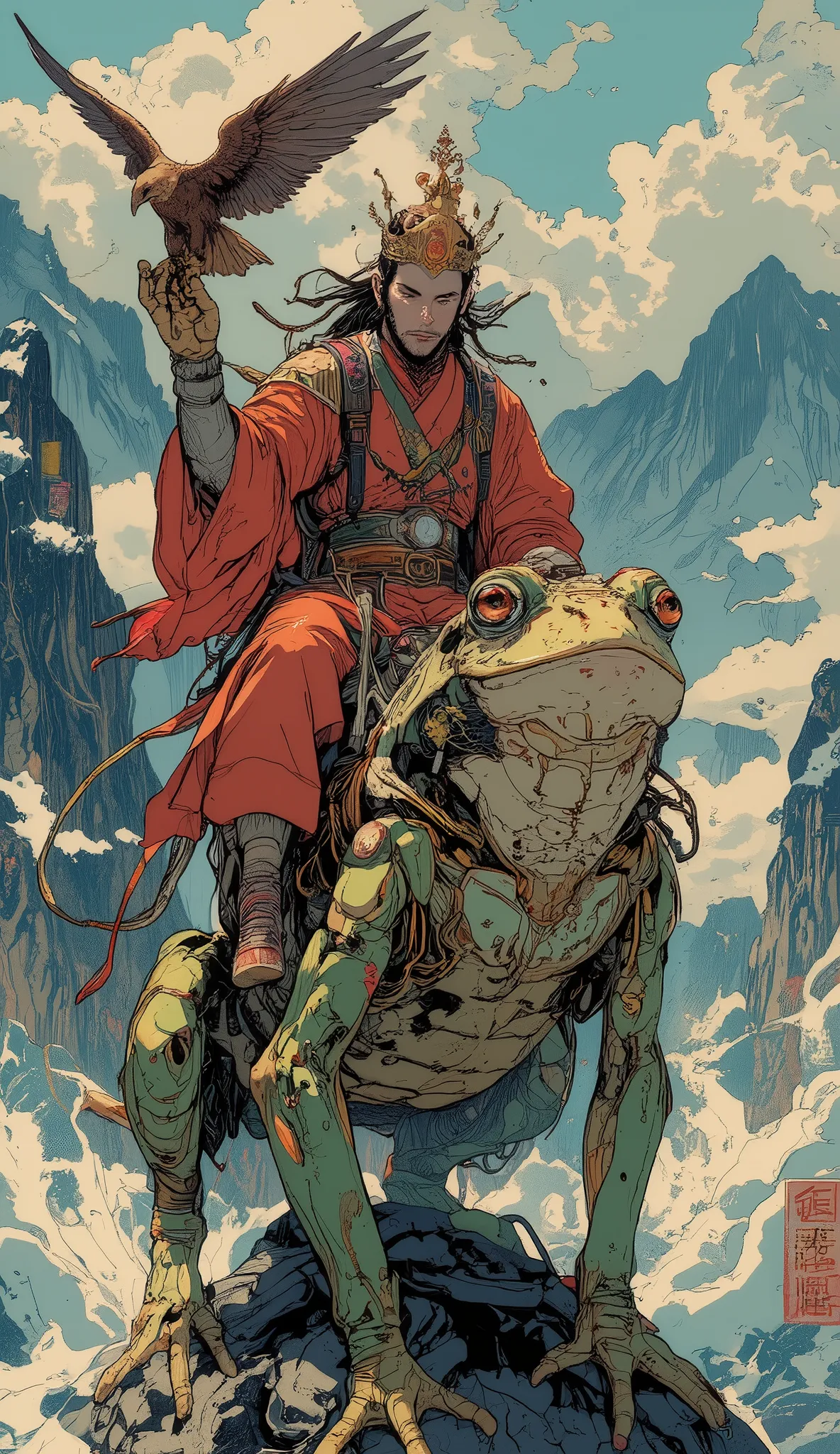 High quality dvd,4K Sun Wukong riding the frog Gamabunta in his right hand he wears a lur (falconry glove) wearing a golden eagle, dynamic pose, Hokusai-style mountain backdrop