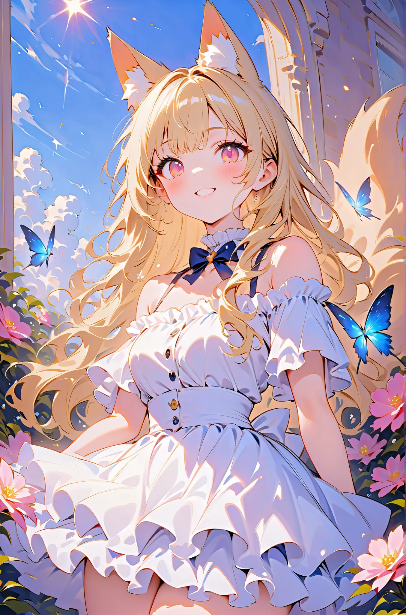  (((masterpiece、Highest Quality、   、16k))) 、1 girl、Mysterious flower field、Glowing Butterfly、( fox ears、off-shoulder、platinum blonde、long hair、wave hair、Frilled skirt)、( やわらかなsmile )、   Spaghetti Background   、 dreamy  、 Spectacular photos 、smile、Pop Art、a...