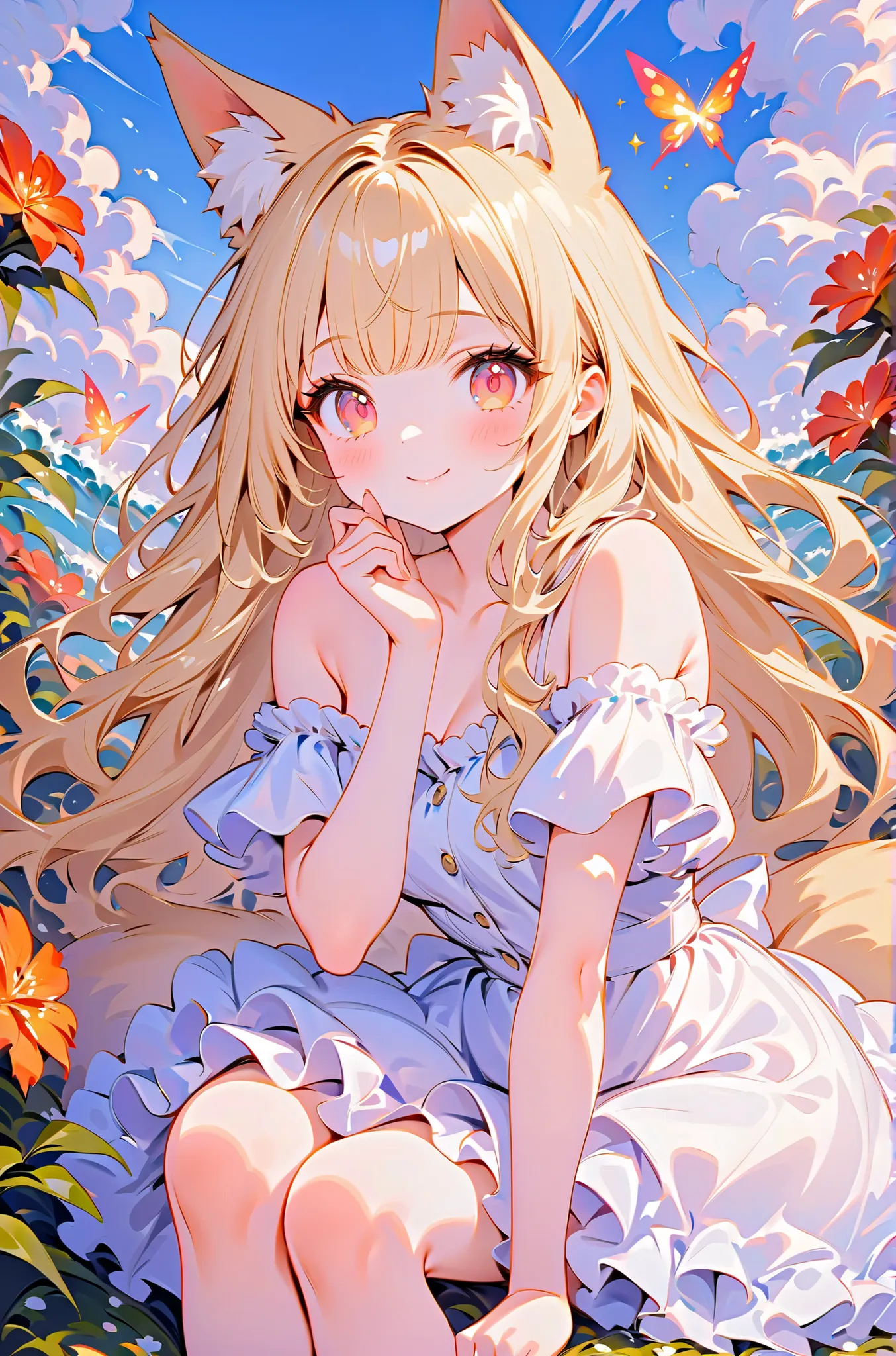  (((masterpiece、Highest Quality、   、16k))) 、1 girl、Mysterious flower field、Glowing Butterfly、( fox ears、off-shoulder、platinum blonde、long hair、wave hair、Frilled skirt)、( やわらかなsmile )、   Spaghetti Background   、 dreamy  、 Spectacular photos 、smile、Pop Art、a...