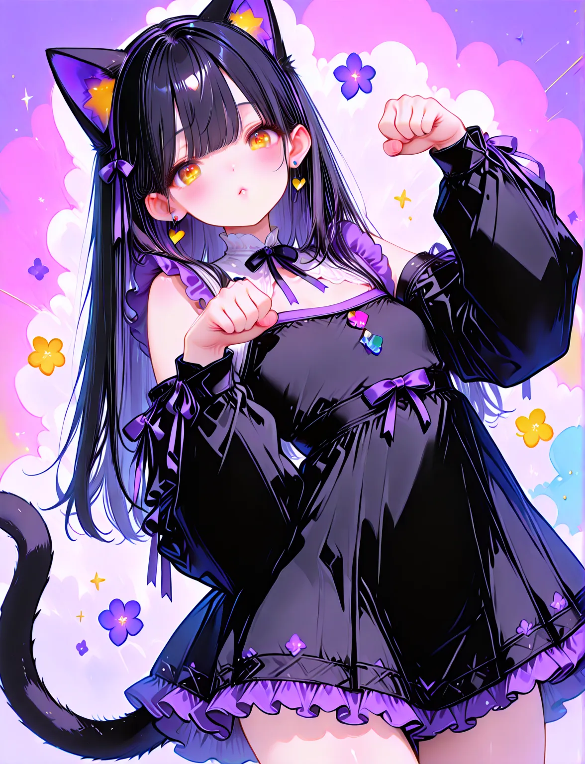(masterpiece, best quality:1.2), (detailed illustration:1.1), ultra-detailed, cinematic lighting:1.1, Natural Lighting, Dynamic Angle,detailed,8k,(perfect anatomy,beautiful detailed eyes:1.2);cute doodle, anime style, cute, looking at viewer,(1girl;solo:1.4);round face;flat chest;black gothic ta outfit:1.1, frilly dress, cowboy shot, dynamic pose,paw pose, cat ears headband:1.1, cat tail:1.1; (straight hair:1.2,black hair), yellow eyes, detailed eyes:1.1, vibrant colors BREAK stars,hearts;colorful background:1.1
