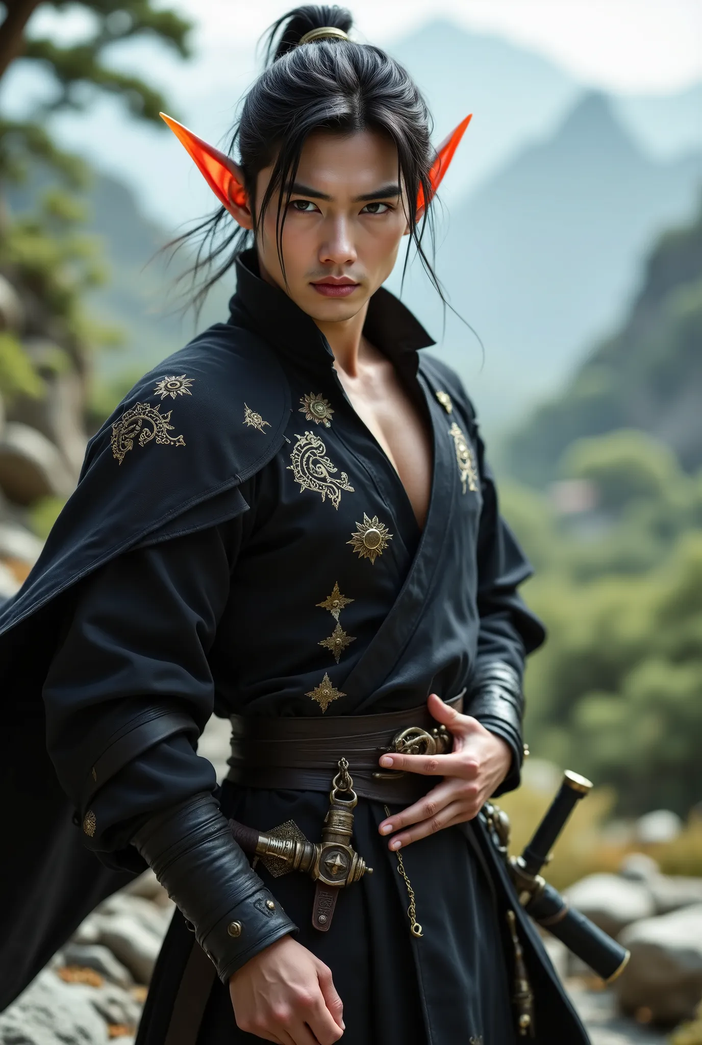asian elf man, soldier man elite medieval rpg, asian soldier, korean medieval rpg elite soldier.