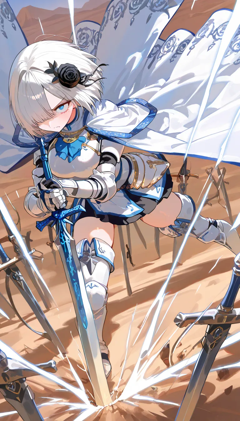 (beautiful girl : 1.3),1 girl,(White Armor,white cloak with blue embroidery,Black Rose Hair Ornament,thigh,boots), Silver Hair,bob cut,Hair Over One Eye,anger, abusive,has a sword, desert,Many swords stuck in the ground,Blue and White Aura from Sword,active,Dynamic Angle,masterpiece,Highest Quality,rich contrasts,high image quality,8k,High Definition CG Unit Wallpaper,texture,Incredibly Absurd, RAW photos ,Deep Boundaries 1 .2,Very Detailed