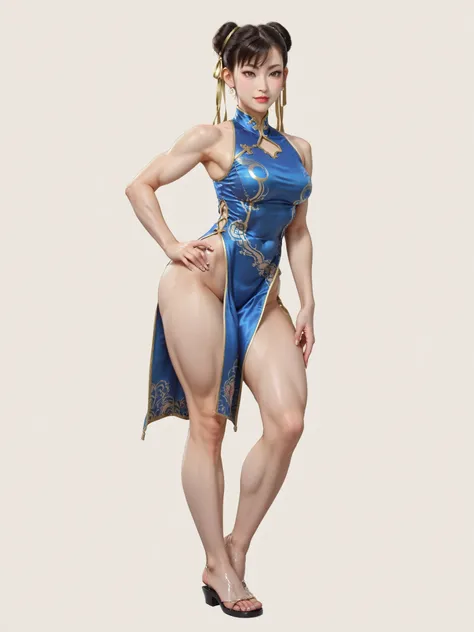 Realistic full body photograph from lateral side  of Chun li from a young Chinese woman in her twenties, She's standing, leaning slightly forward, her left leg slightly bent. Her right leg is extended forward, her foot flat on the ground.   She has a seren...
