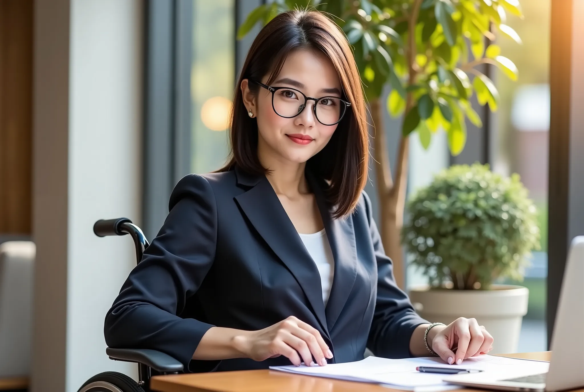 Super Detail、Highest Quality、realistic、8k、 A powerful businesswoman is sitting in an elegant wheelchair , She is surrounded by a professional, modern environment . She is wearing a perfect suit and high heels , Confidence and determination shines on her ...