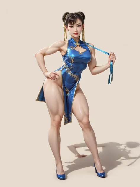 Realistic full body photograph from lateral side  of Chun li from a young Chinese woman in her twenties, She's standing, leaning slightly forward, her left leg slightly bent. Her right leg is extended forward, her foot flat on the ground.   She has a seren...