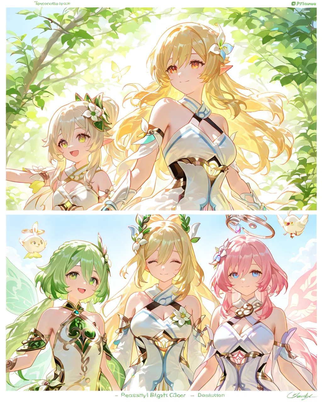 three girls、Happy Expression、bright and energetic vibe、Watercolor touch、Fantasy Scenery、natural light、 beautiful color、 Delicate Shape 、Pop and adorable、4K high definition、realistic、PROFESSIONAL