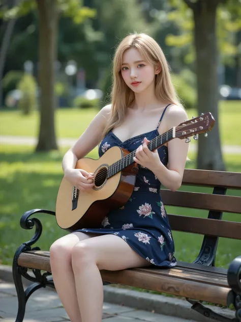 A beautiful fair-skinned woman sitting gracefully on a classic park bench with horizontal wooden slats and curved black metal armrests, in a sunlit green park, playing a classical guitar. She has neat wavy light blonde hair. She is wearing a tight, navy bl...