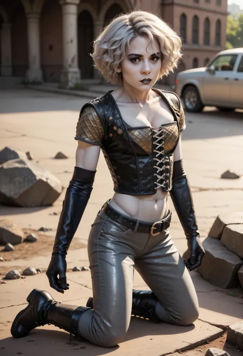 (1girl) Chiana, short white hair, (gray skin:1.2), black eyes,, blue eyeshadow, black eyeshadow, black lipstick, natural medium breasts, slim, fit, athletic:1.2, (abs:0.4), BREAK, (material uniform, leather vest, vest laced on the front, leather pants, lea...