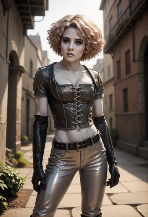 (1girl) Chiana, short white hair, (gray skin:1.2), black eyes,, blue eyeshadow, black eyeshadow, black lipstick, natural medium breasts, slim, fit, athletic:1.2, (abs:0.4), BREAK, (material uniform, leather vest, vest laced on the front, leather pants, lea...