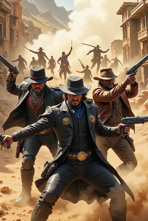 (( Three Gunmen from the Western , the one on the right wearing brown cowboy clothing with black and red details black hat, the middle Cowboy wearing matte black clothing with gold details , the third Cowboy on the left wearing black clothes with blue and...