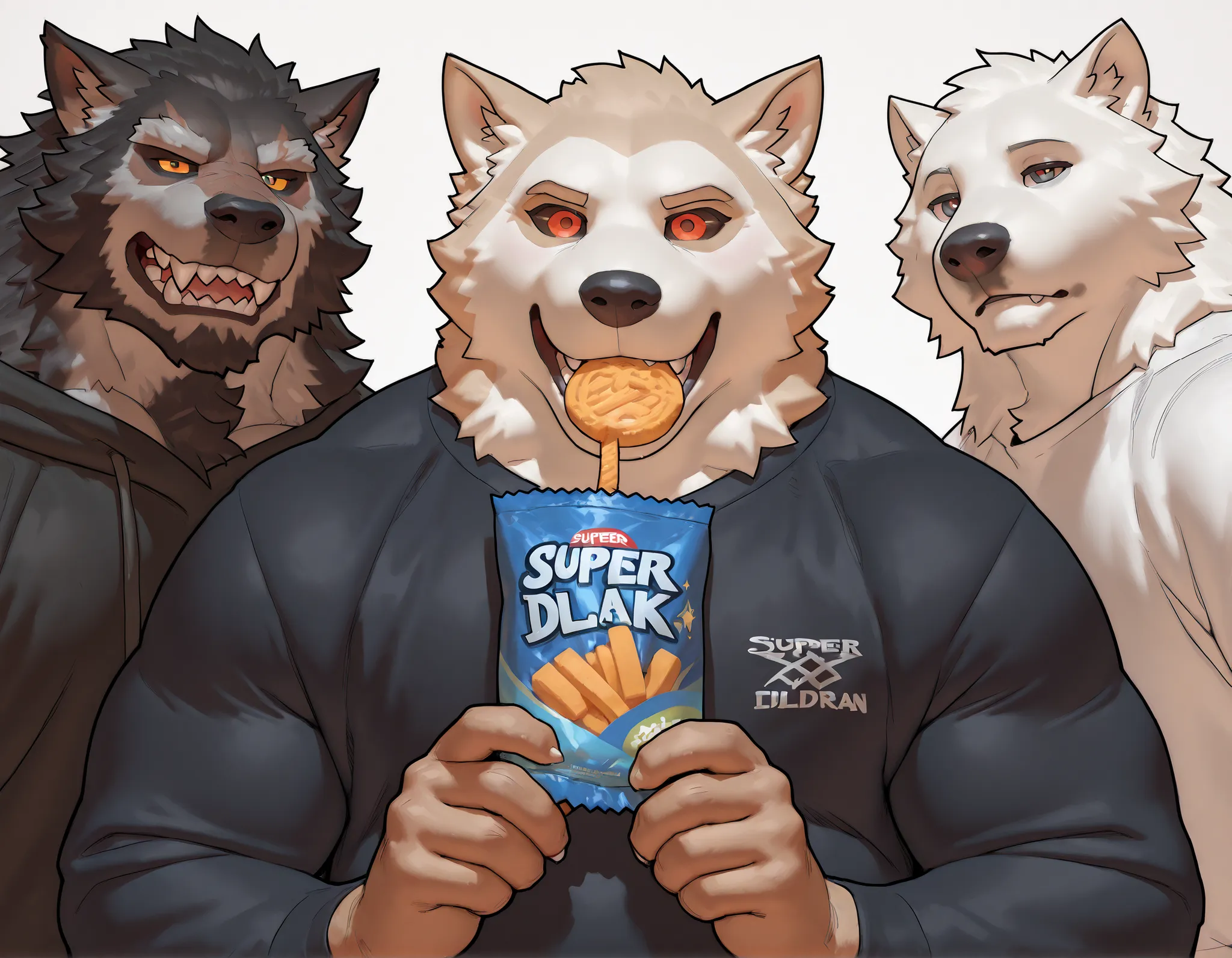 anthro, three big werewolf wargen and 1 cute white dog:1.8, multiple characters:1.4, different size, (strongman:1.6, chubby), ((male:1.8)), chubby, he have black beard:2.8, black sweatshirt, best art, 8k, (super detailed:1.8), detailed mouth, (by taran fid...