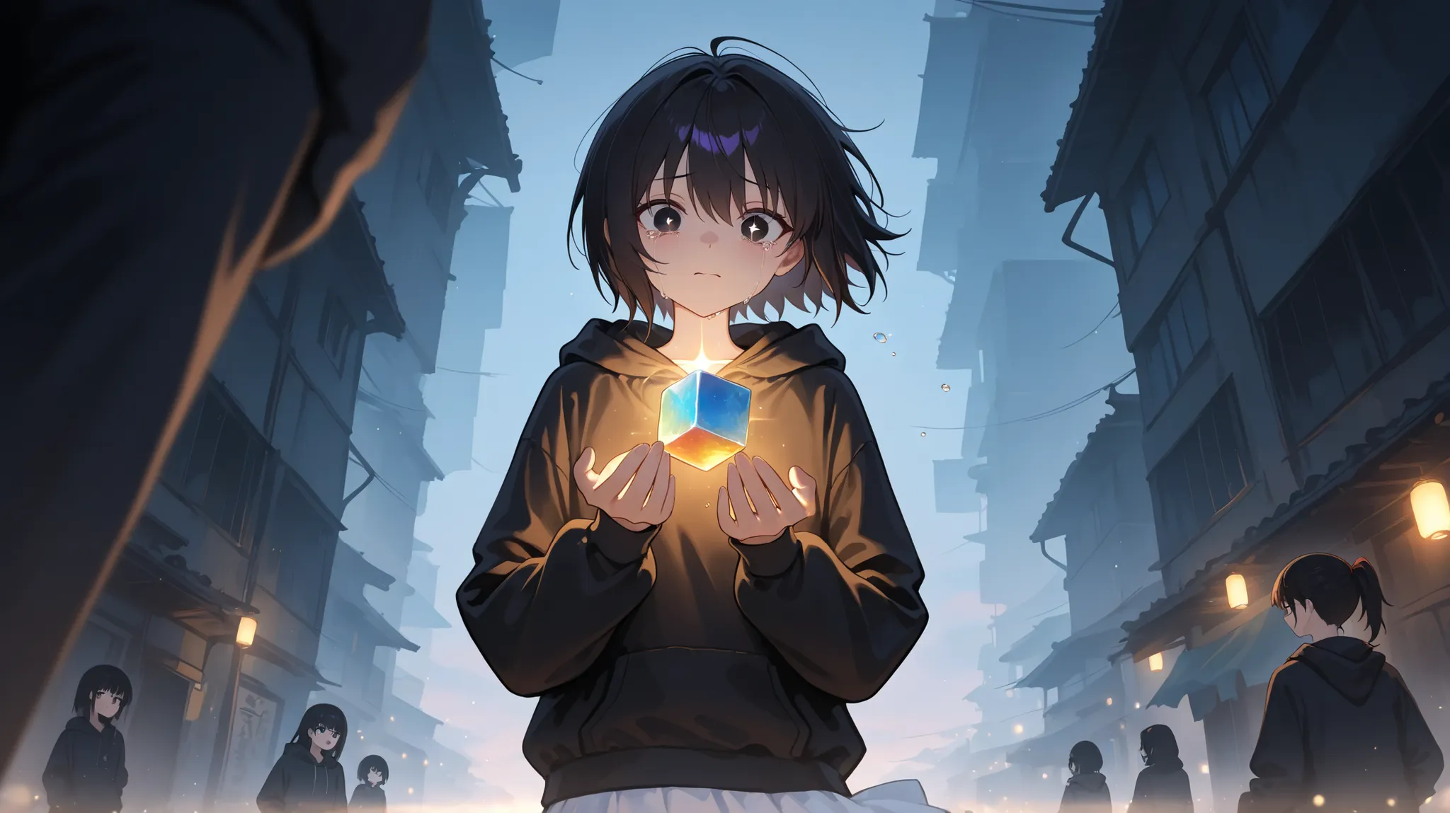 anime、(( amazing irrational)),(masterpiece:1.2),超 Kampala, attention to detail, high quality, Kampala, 最 high quality, 4K, 8k、, Cube ,sparkling black,Mysterious,close, black hair , short hair,Blown by strong winds ,dark eyes, crying, Black Hoodie,white ...