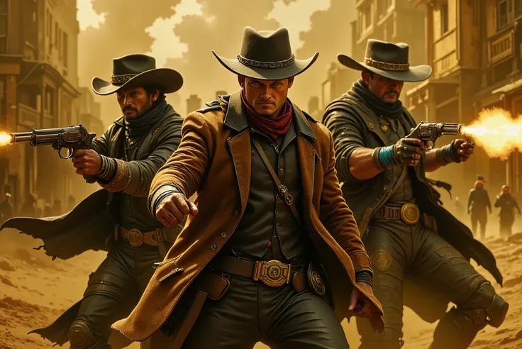 (( Three Gunmen from the Western , the one on the right wearing brown cowboy clothing with black and red details black hat, the middle Cowboy wearing matte black clothing with gold details , the third Cowboy on the left wearing black clothes with blue and...