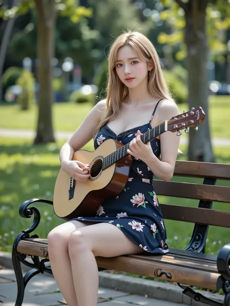 A beautiful fair-skinned woman sitting gracefully on a classic park bench with horizontal wooden slats and curved black metal armrests, in a sunlit green park, playing a classical guitar. She has neat wavy light blonde hair. She is wearing small earrings. ...