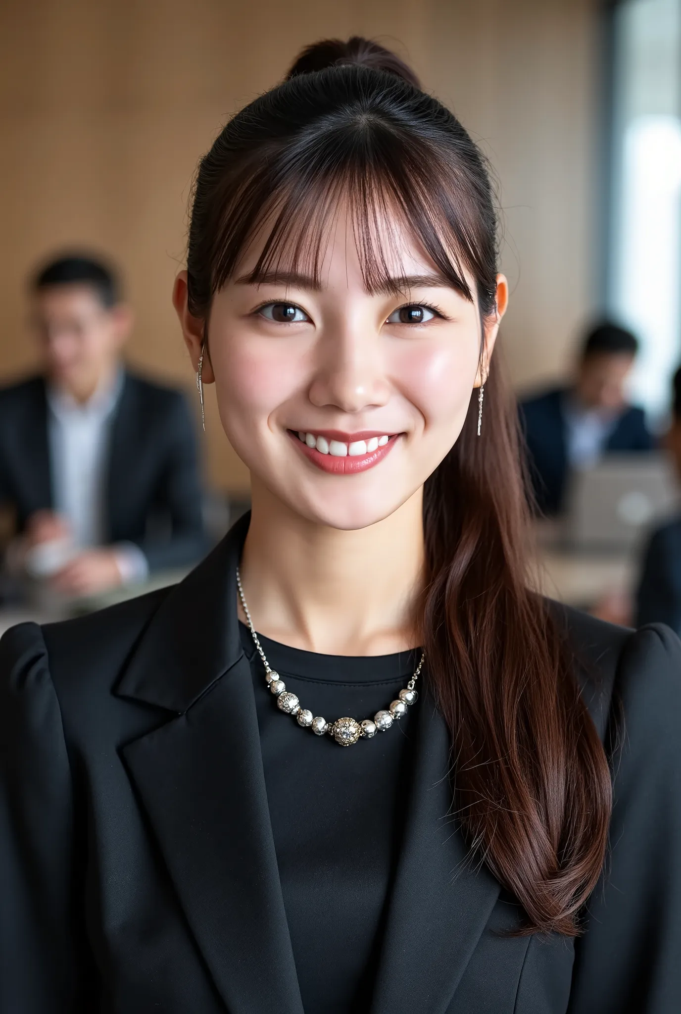 Neat Young Woman、and look at the camera、office lady suit、jacket、shirt、necklace、ear piercing、smile showing teeth、people talking in the background is inside the room