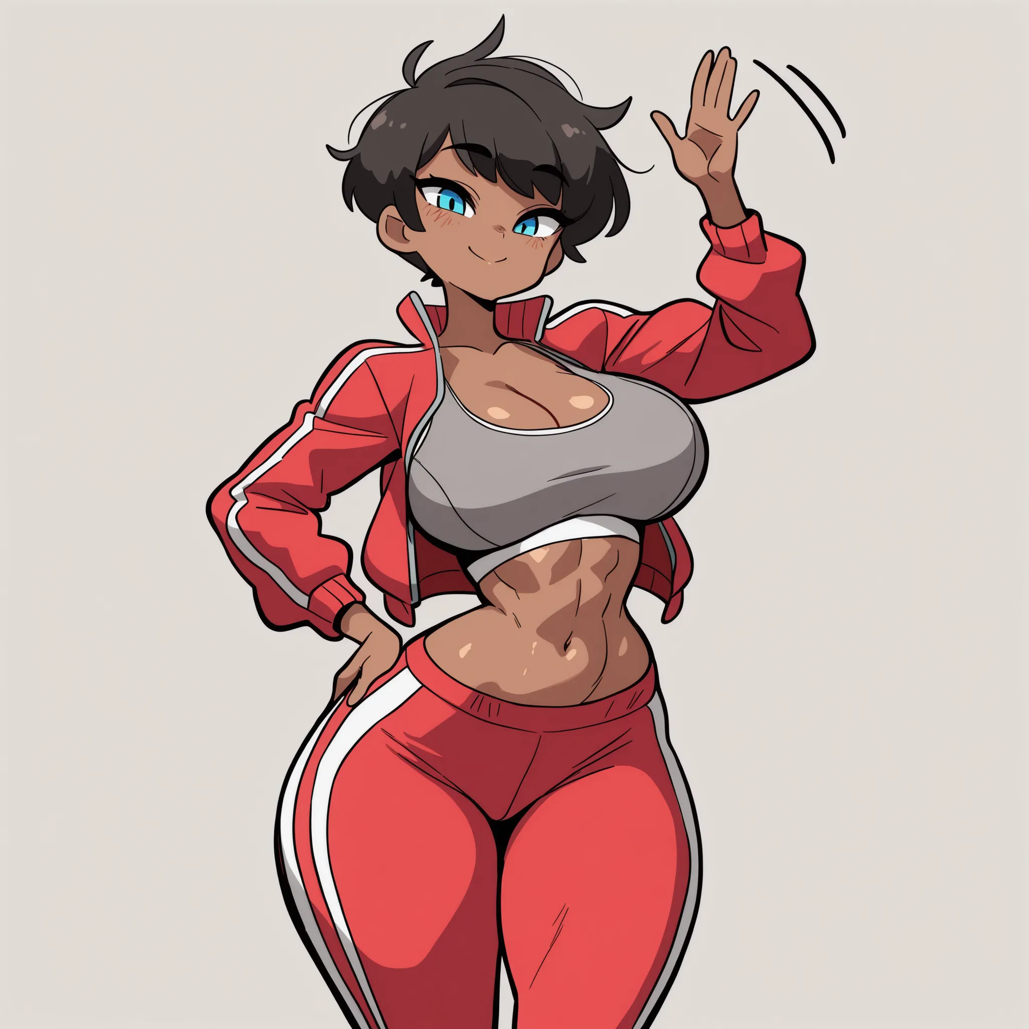 masterpiece, best quality, amazing quality, very aesthetic, absurdres, high res, shiny skin, diives, 1girl, solo, short messy black hair, pixie cut, blue eyes, brown skin, big breasts, narrow waist, wide hips, thick thighs, toned, gray sports bra, red trac...
