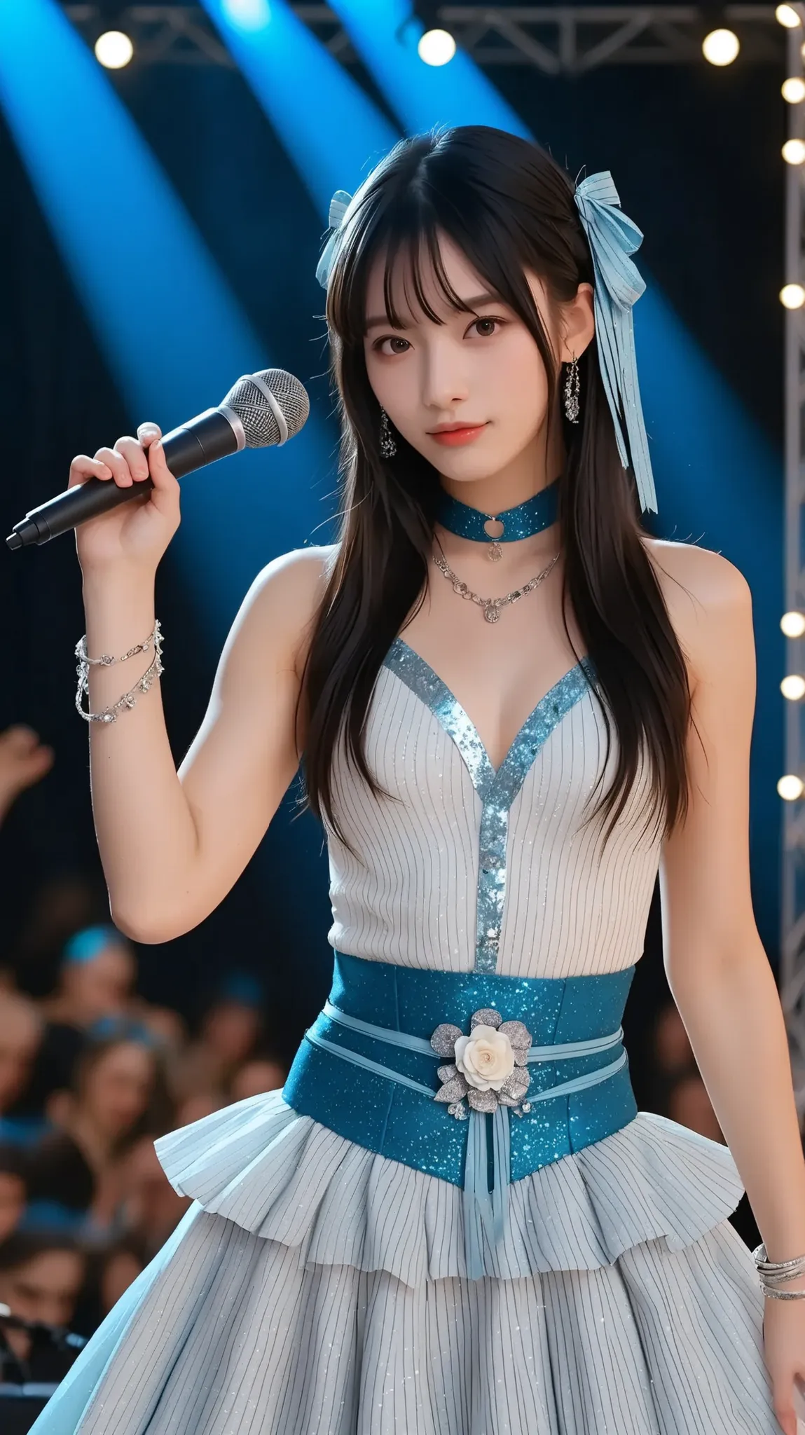A Japanese idol girl performs energetically on stage, wearing a shiny bright blue stage costume with a vertical stripes motif and silver fringe. Her dress has a tight top and a swirling fluffy skirt as he moves. She wears matching toska-colored bracelets a...