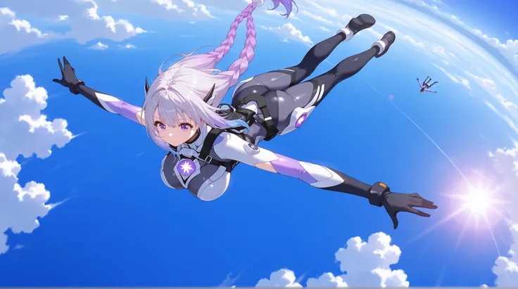 Criptic girl,masterpiece, best quality, amazing quality, very aesthetic, absurdres, sensitive, (dynamic Dutch angle shot:1.5),lends flare,highly detailed cyber body  suits, Extreme large Breast, long gradient purple twin braid hair ,(Skydiving scene:1.2), ...