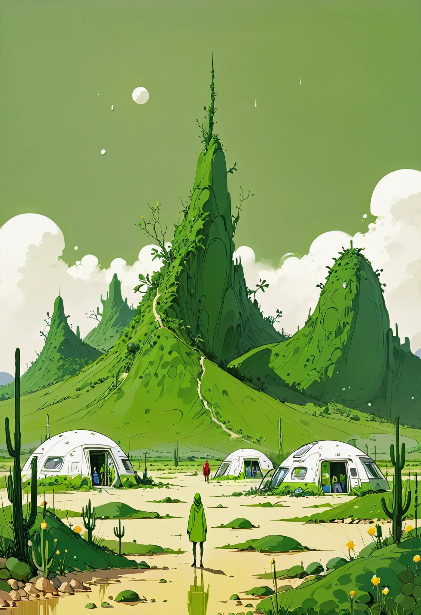 green, White and yellow color, green color tone, background is an amazing alien desert, Desert Village Scenery, Desert Planet, A new planet, alien colony, alien world detailed and complex environment, oil, soft brush strokes of palette knives, Strong Stro...