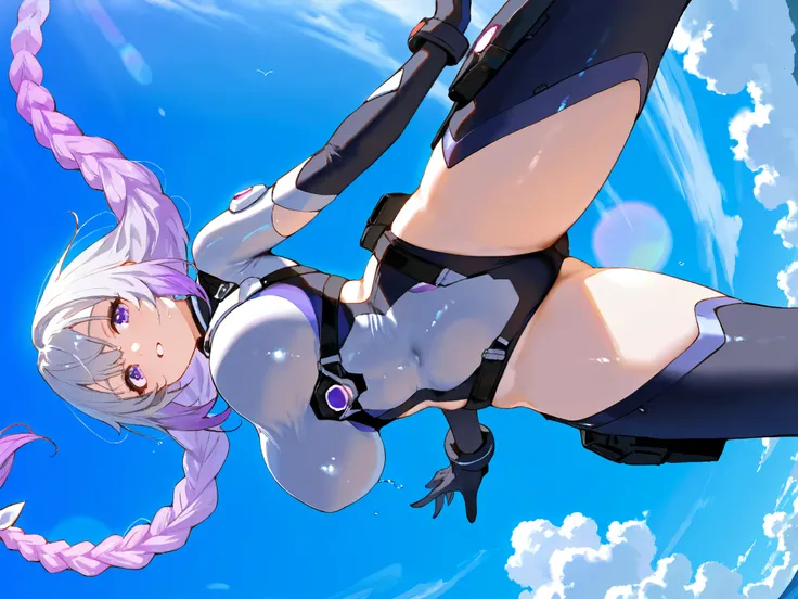 Criptic girl,masterpiece, best quality, amazing quality, very aesthetic, absurdres, sensitive, (dynamic Dutch angle shot:1.5),lends flare,highly detailed cyber body  suits, Extreme large Breast, long gradient purple twin braid hair ,(Skydiving scene:1.2), ...