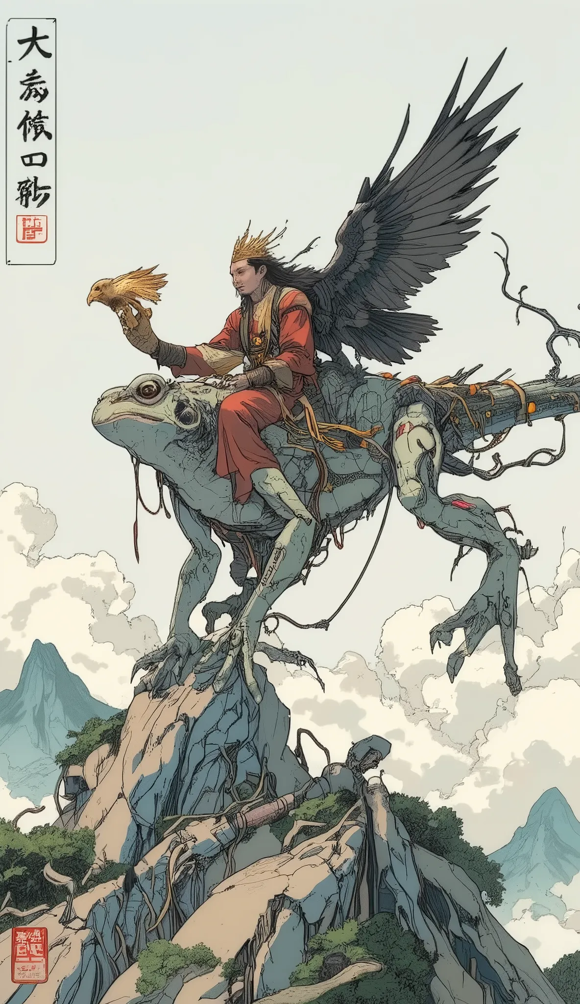High quality dvd,4K Sun Wukong riding the frog Gamabunta in his right hand he wears a lur (falconry glove) wearing a golden eagle, dynamic pose, Hokusai-style mountain backdrop
