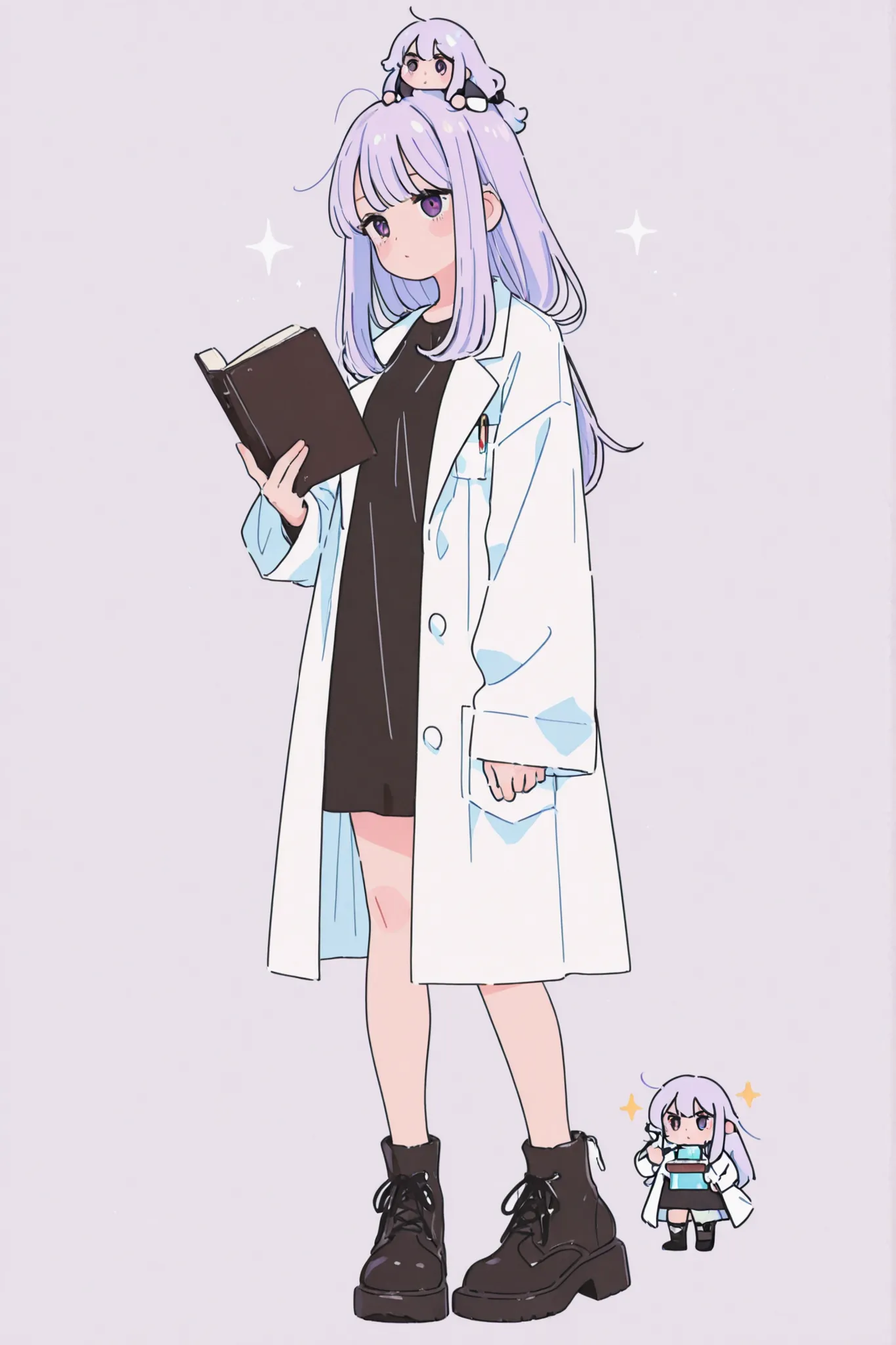 Light purple hair with long hair bundled into one girl I'm wearing a lab coat standing figure showing head to toe holding a book top quality