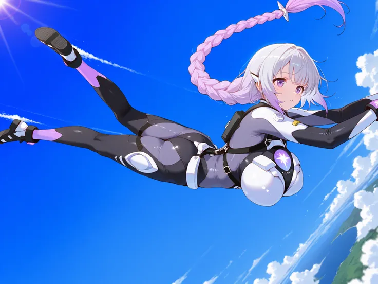 Criptic girl,masterpiece, best quality, amazing quality, very aesthetic, absurdres, sensitive, (dynamic Dutch angle shot:1.5),lends flare,highly detailed cyber body  suits, Extreme large Breast, long gradient purple twin braid hair ,(Skydiving scene:1.2), ...