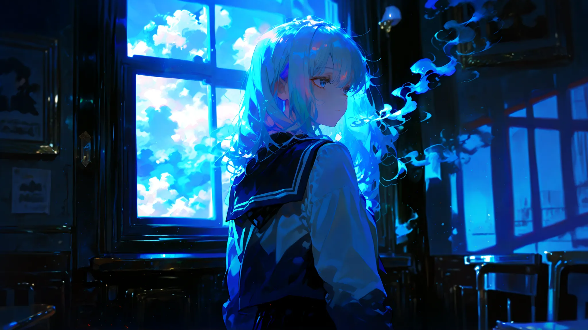 1girl, white hair, multicolor hair, school uniform, standing alone in a dark room, back view, faint moonlight through window, smoke swirling, soft glow, cinematic lighting, melancholic mood, monochrome style, high contrast shadows, Depth of field, 748cmsty...