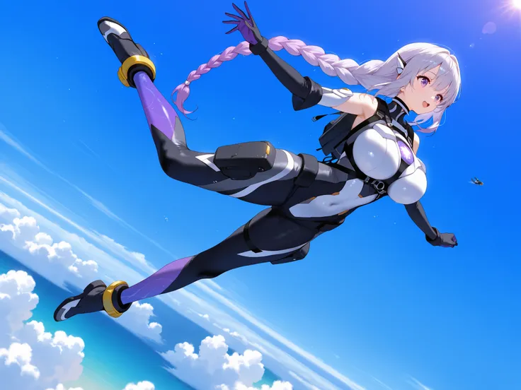 Criptic girl,masterpiece, best quality, amazing quality, very aesthetic, absurdres, sensitive, (dynamic Dutch angle shot:1.5),highly detailed cyber body  suits, Extreme large Breast, long gradient purple twin braid hair ,(Skydiving scene:1.2), girl Skydive...