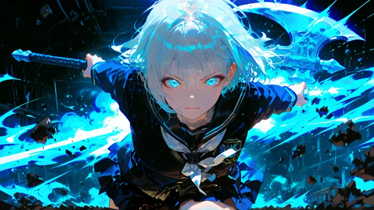 1girl, fierce expression, white hair flying, school uniform, swinging a glowing axe/sword, dynamic motion, cracked ground, energy burst, debris and dust, cinematic lighting, high contrast, monochrome with blue spark accents, intense action pose, motion blu...