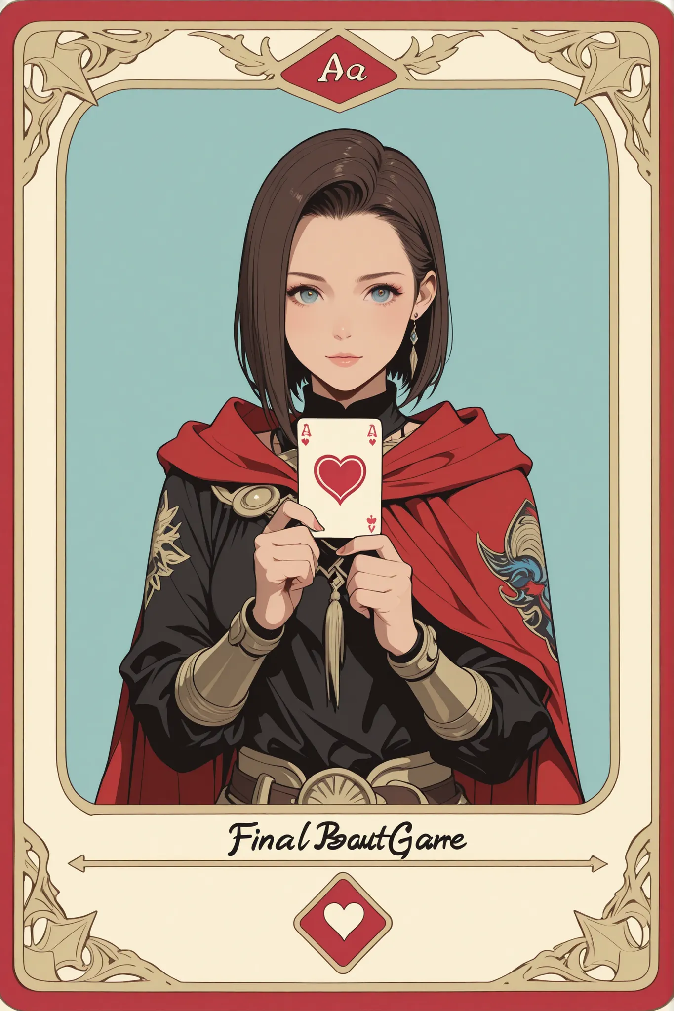 A beautiful card game card, with a beautiful warrior printed in the Final Fantasy aesthetic and style.