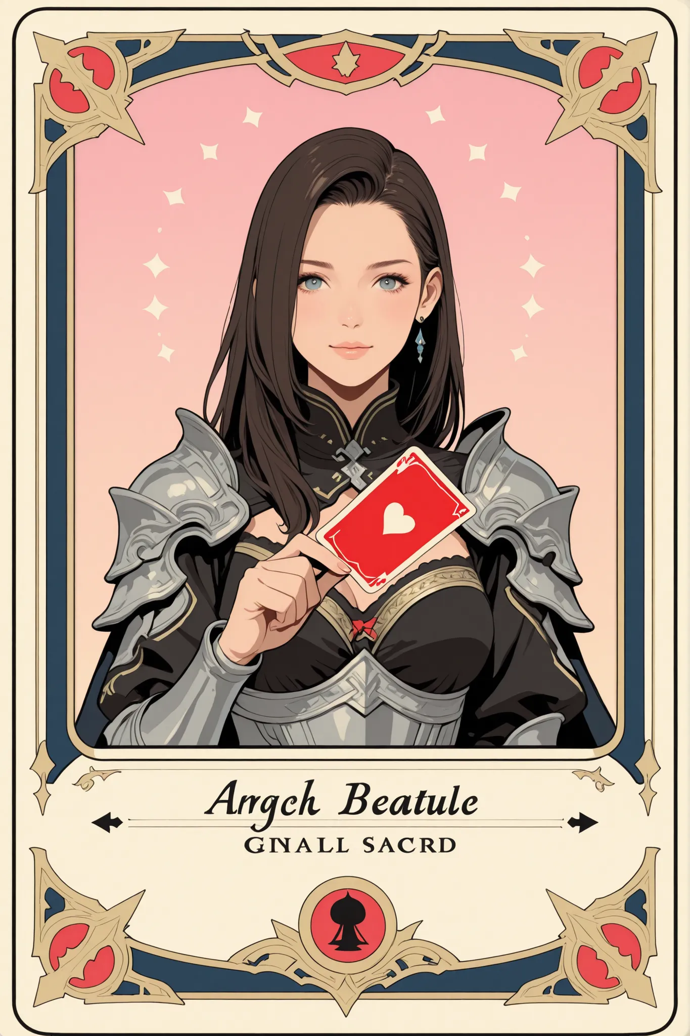 A beautiful card game card, with a beautiful warrior printed in the Final Fantasy aesthetic and style.